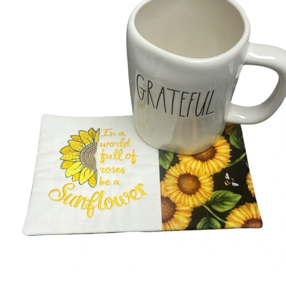 Hand Crafted Mug Rug Coaster Embroidered Cotton Fabric Padded Absorbs Sunflower - Picture 7 of 8